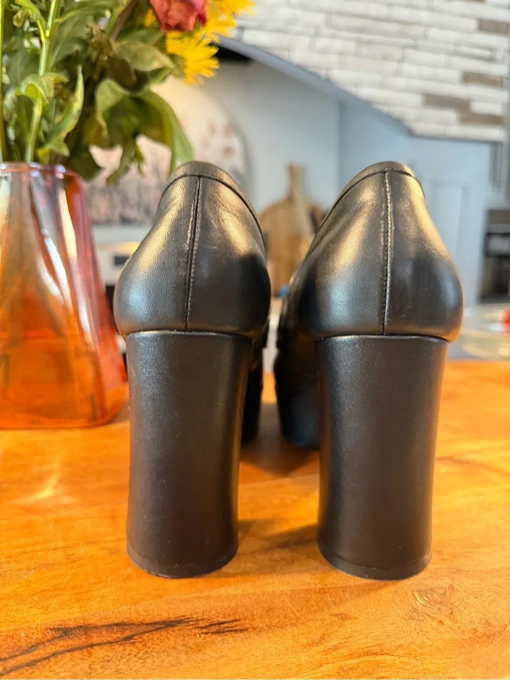 Steve Madden Cinderella Black Leather Platform Loafers with Gold Hardware